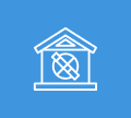 A white icon of a classical building with a prohibited currency symbol inside a circle, on a blue background.